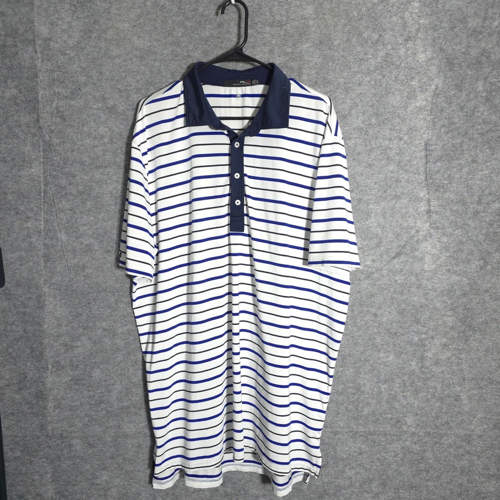 RLX Ralph Lauren Polo Mens XL White Blue Striped Golf Performance Wicking Shirt